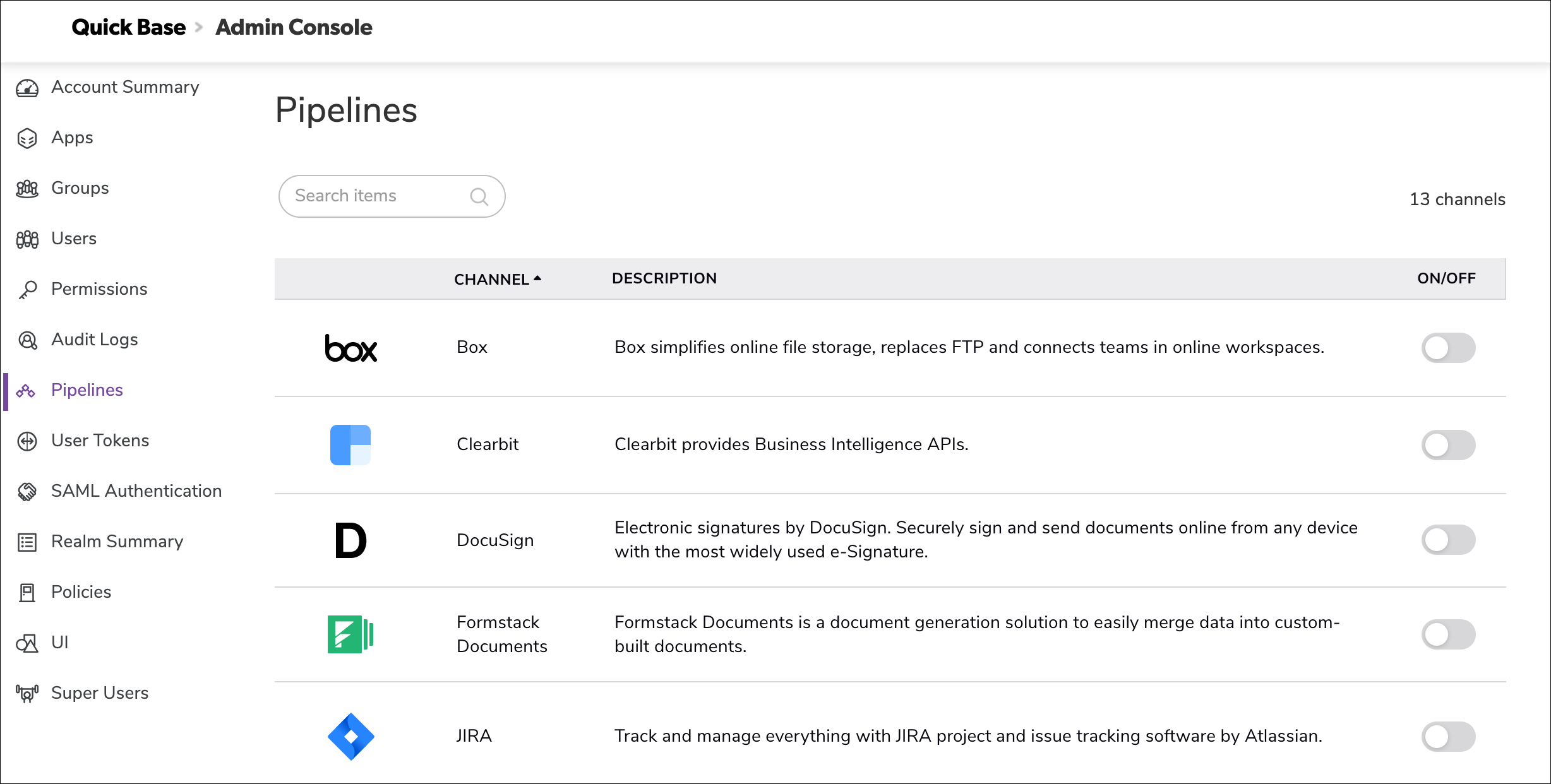 Quick Base Admin Console with controls to add or remove access to integration channels.
