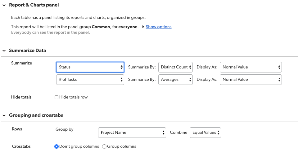 summary report distinct count user interface